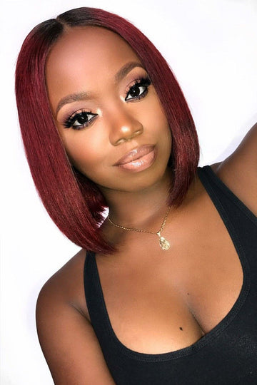 13x6 1B/Red Dark Root Lace Front Wig Straight Bob Human Hair Virgin