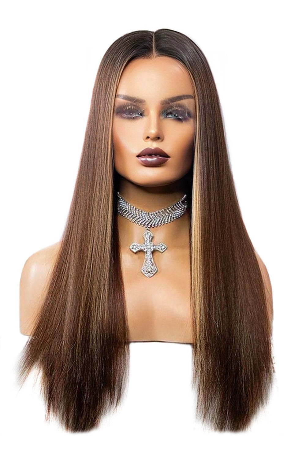 13x6 Glueless Hd Lace Dark Brown Wig  Virgin Blonde Highlights-HD